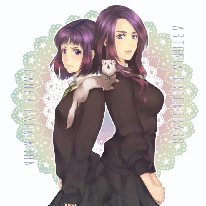 2girls, animal_on_shoulder, astoria_greengrass, back-to-back, black_skirt, black_sweater, blue_eyes, blunt_bangs