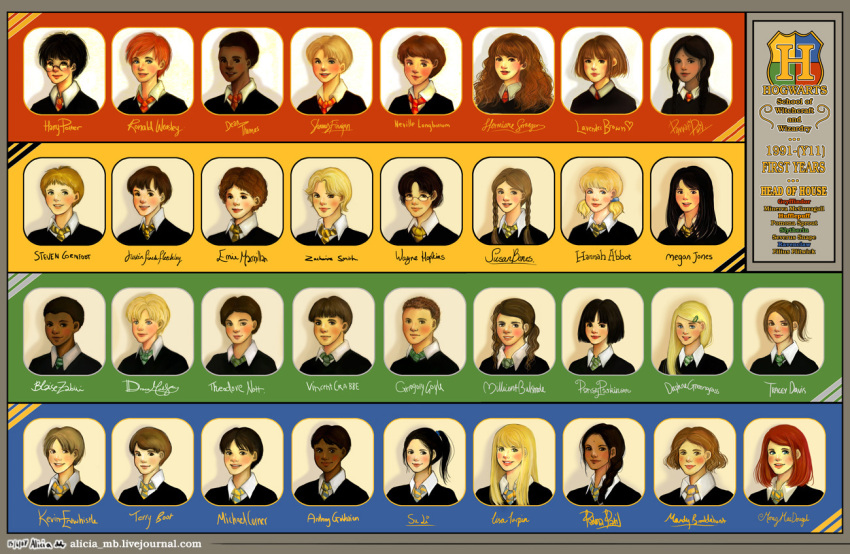 6+boys, 6+girls, absolutely_everyone, alicia-mb, anthony_goldstein, artist_name, bad_deviantart_id, bad_id, black_hair, black_necktie, black_sweater, blaise_zabini, blonde_hair, blue_border, blue_eyes, blue_necktie, blush, bob_cut, border, braid, brown_background, brown_eyes, brown_hair, character_name, close-up, collared_shirt, color-coded, commentary, daphne_greengrass, dark-skinned_female, dark-skinned_male, dark_skin, dated, dean_thomas, diagonal-striped_clothes, diagonal-striped_necktie, draco_malfoy, dress_shirt, drop_shadow, english_commentary, ernie_macmillan, everyone, glasses, green_border, green_eyes, green_necktie, gregory_goyle, grin, gryffindor, hair_ornament, hair_tie, hairclip, hannah_abbott, harry_potter, harry_potter_(series), hermione_granger, high_ponytail, hogwarts, hogwarts_school_uniform, hufflepuff, justin_finch-fletchley, kevin_entwhistle, lavender_brown, light_smile, lips, lisa_turpin, long_hair, mandy_brocklehurst, medium_hair, megan_jones, michael_corner, millicent_bulstrode, morag_macdougal, multiple_boys, multiple_girls, necktie, neville_longbottom, nose, padma_patil, pansy_parkinson, parted_bangs, parted_lips, parvati_patil, ponytail, portrait, ravenclaw, red_border, red_hair, red_necktie, ron_weasley, round_eyewear, school_emblem, school_uniform, seamus_finnigan, shirt, short_hair, short_twintails, signature, slytherin, smile, stephen_cornfoot, striped_clothes, susan_bones, sweater, swept_bangs, terry_boot, theodore_nott, tracey_davis, twin_braids, twintails, two-tone_necktie, very_dark_skin, vincent_crabbe, wavy_hair, wayne_hopkins, web_address, white_background, white_necktie, white_shirt, wizarding_world, yearbook, yellow_border, yellow_eyes, yellow_necktie, zacharias_smith