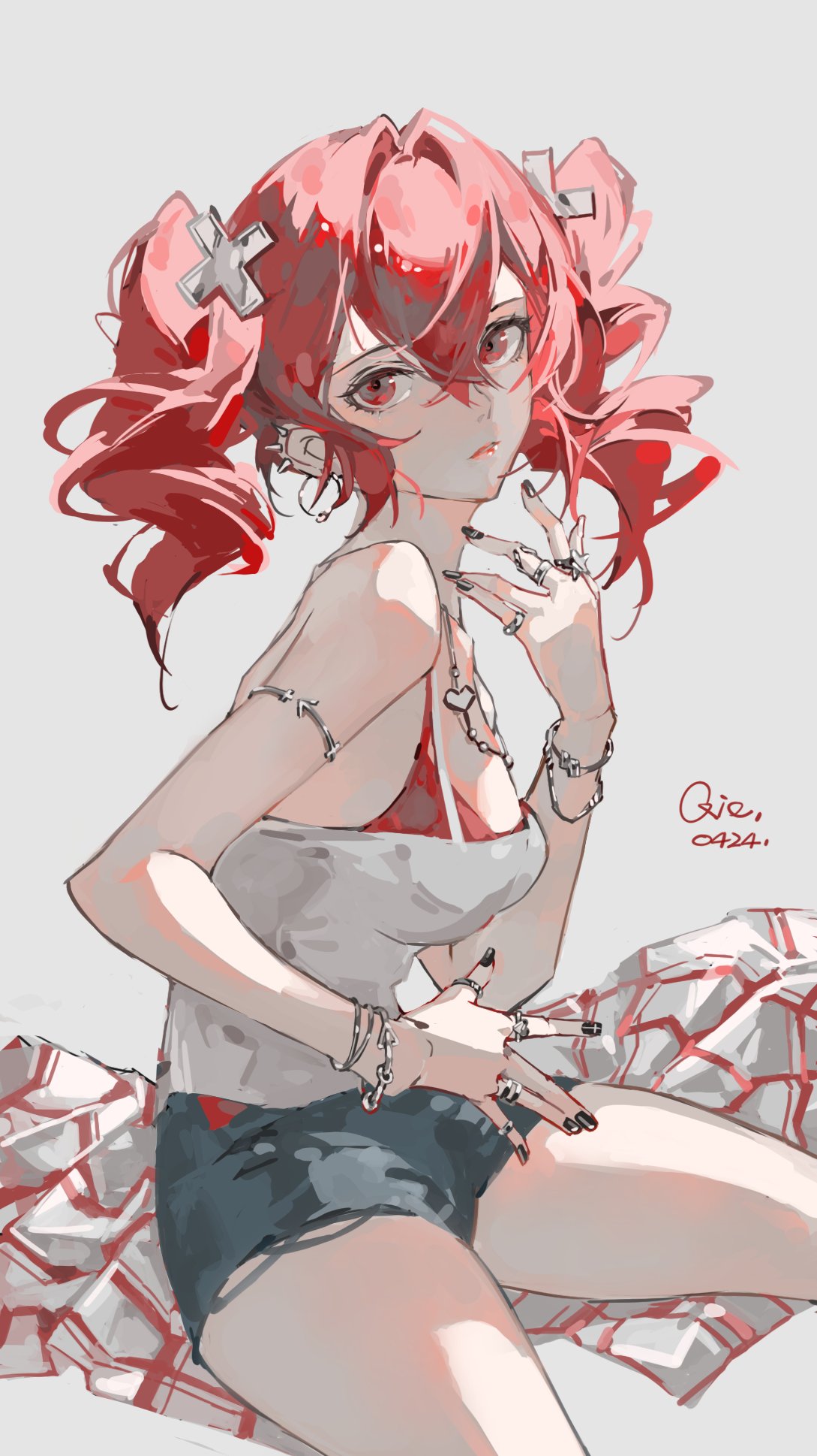 1girl, armlet, bra, bracelet, camisole, commentary_request, cross_hair_ornament, dated
