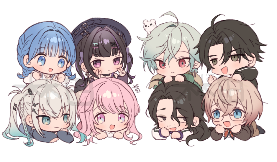 4boys, 4girls, :<, artist_name, black_hat, blue_eyes, blue_hair, braid