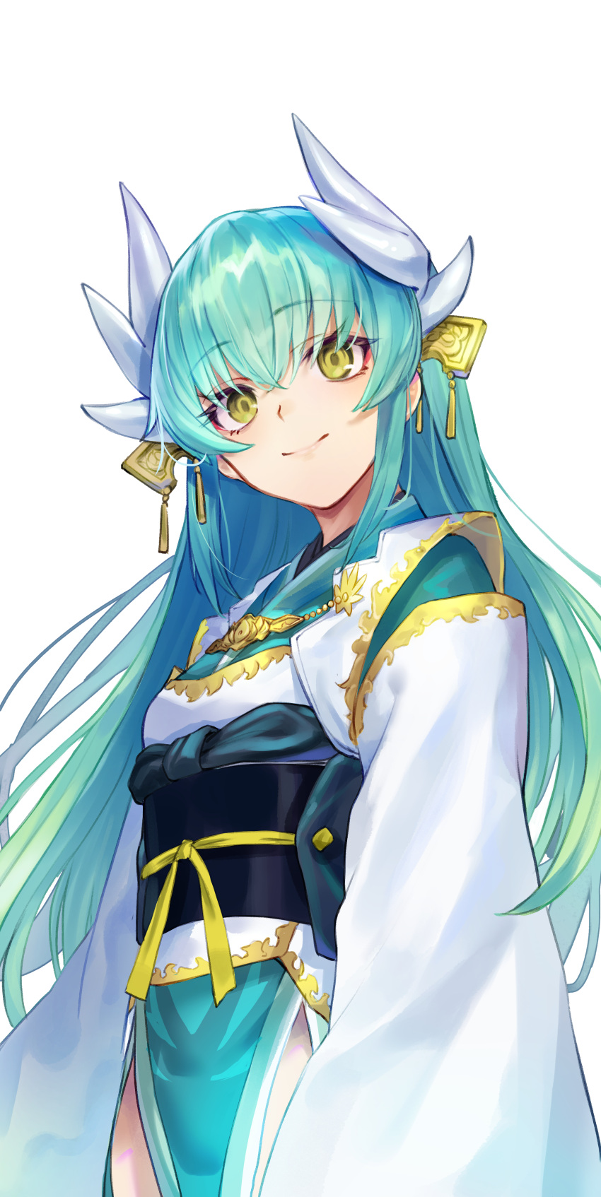 1girl, absurdres, aqua_hair, aqua_kimono, breasts, dragon_girl, dragon_horns, fate/grand_order