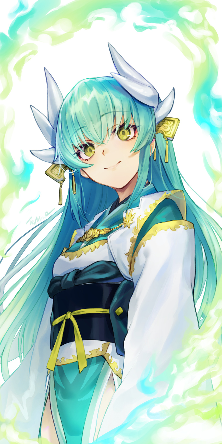 1girl, absurdres, aqua_hair, aqua_kimono, breasts, dragon_girl, dragon_horns, fate/grand_order