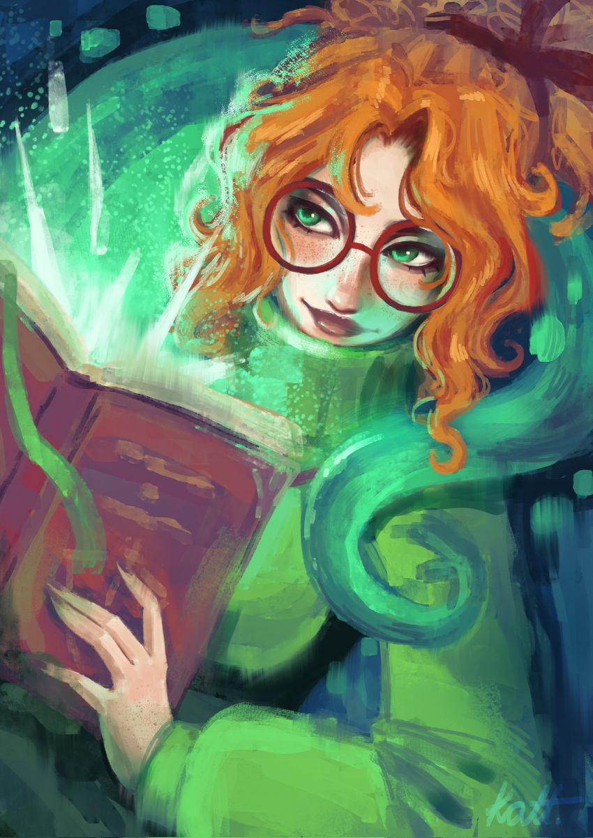 1girl, artist_name, book, breasts, commentary, deadlock_(game), freckles, glasses, green_background, green_eyes, green_sweater, highres, holding, holding_book, kerrakatt, lips, long_hair, looking_at_viewer, orange_hair, paige_(deadlock), red-framed_eyewear, round_eyewear, solo, sweater, turtleneck, turtleneck_sweater