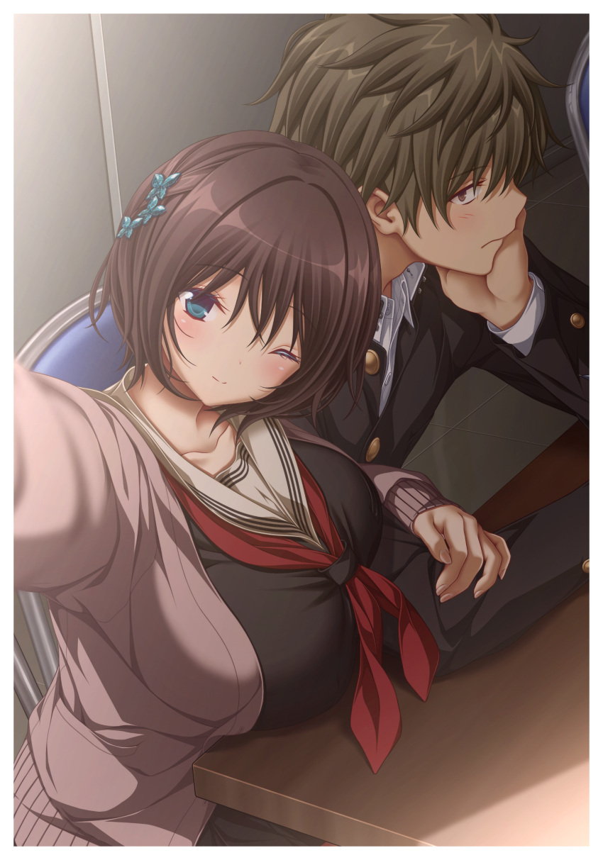 1boy, 1girl, absurdres, aqua_eyes, arm_hug, blush, breasts, brown_hair