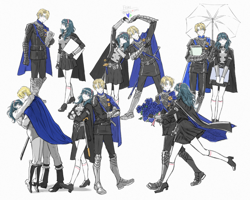 1boy, 1girl, armored_boots, black_gloves, blonde_hair, blue_cape, blue_eyes, blue_hair