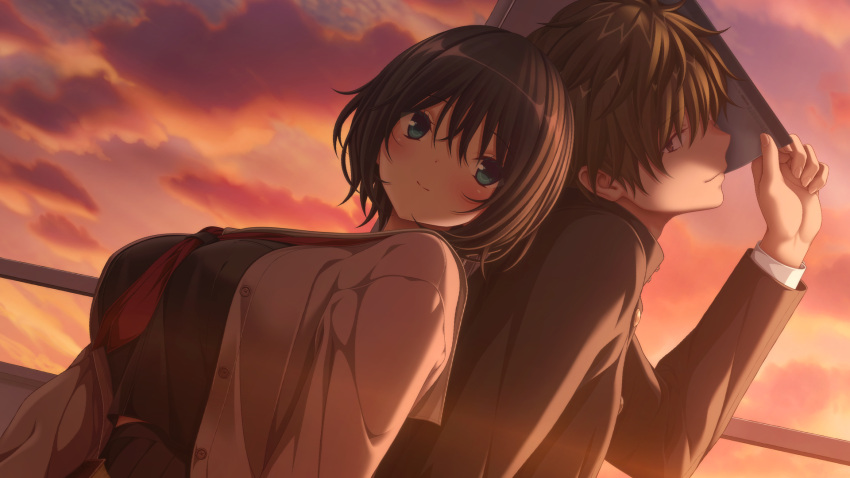 1boy, 1girl, aqua_eyes, back-to-back, black_hair, breasts, brown_hair, buttons
