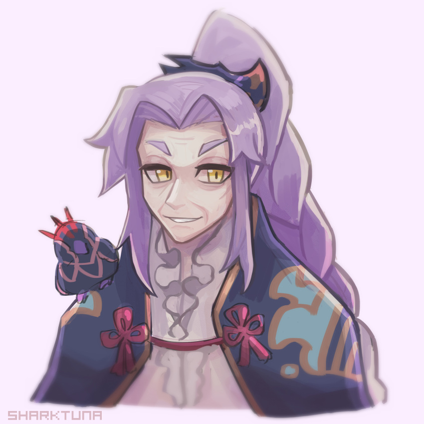 1girl, absurdres, animal_on_shoulder, bird, bird_on_shoulder, braid, commentary, cropped_torso, dragalia_lost, highres, japanese_clothes, long_braid, long_hair, looking_at_viewer, mature_female, parted_lips, purple_hair, red_ribbon, ribbon, sharktuna, solo, yellow_eyes, yoshitsune_(dragalia_lost)