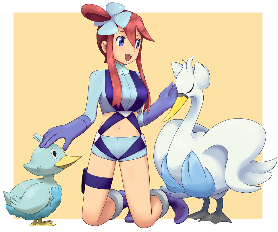 1girl, bird, blue_eyes, breasts, duck, ducklett, fuuro_(pokemon), gloves