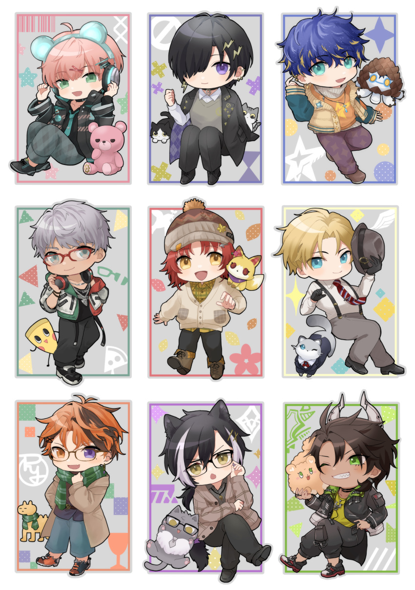 6+boys, :d, absurdres, ahoge, animal_ear_headphones, animal_ears, aqua_eyes, aqua_necktie