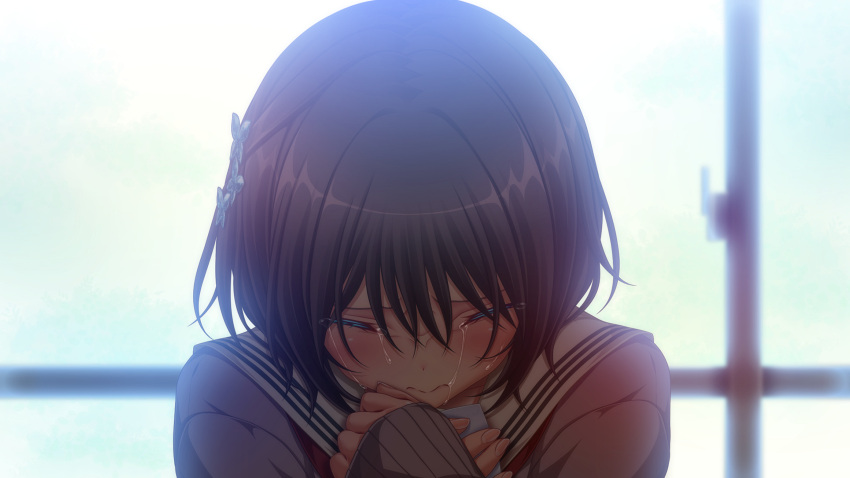 1girl, absurdres, black_hair, blurry, blurry_background, blush, choumai_sui, closed_eyes
