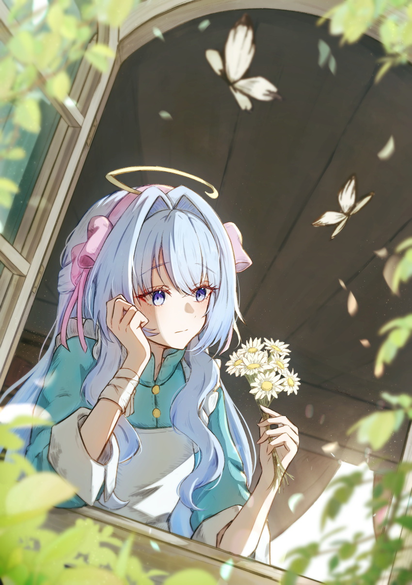 1girl, absurdres, aqua_dress, bandaged_arm, bandages, blue_eyes, blue_hair, bouquet