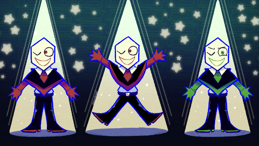 1boy, 2others, arms_up, artist_name, bags_under_eyes, belt, black_poncho, blue_belt