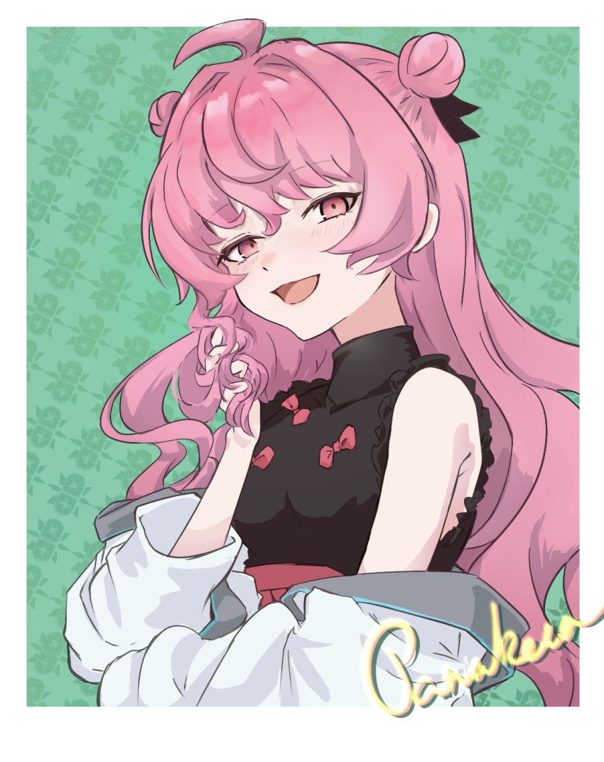 1girl, bow, bowtie, breasts, double_bun, girls'_frontline_neural_cloud, girls_frontline, hair_bun, highres, loose_clothes, lotan, panakeia_(neural_cloud), pink_bow, pink_bowtie, pink_eyes, pink_hair, small_breasts, smile, wz.29_(girls'_frontline)