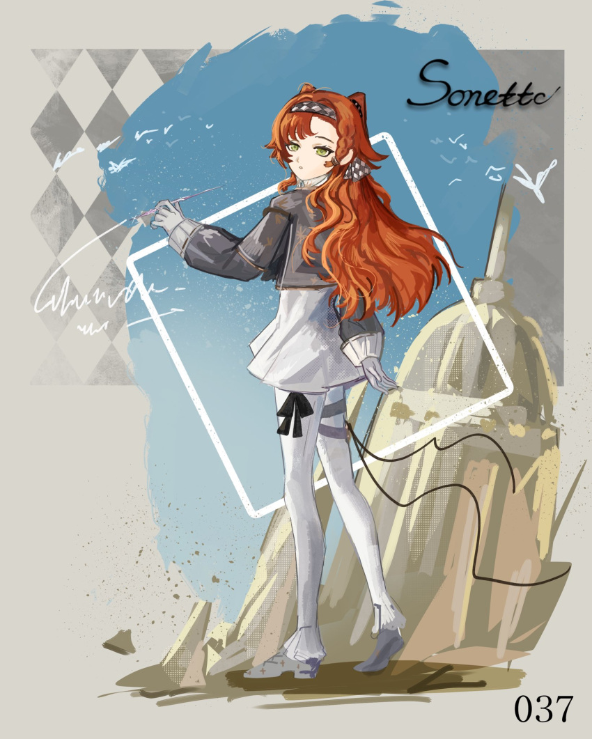 1girl, :o, argyle_background, blue_sky, braid, capelet, character_signature, checkered_hairband