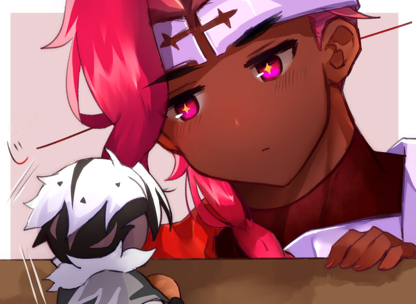 +_+, 2boys, :|, armor, asymmetrical_bangs, black_hair, blush, border