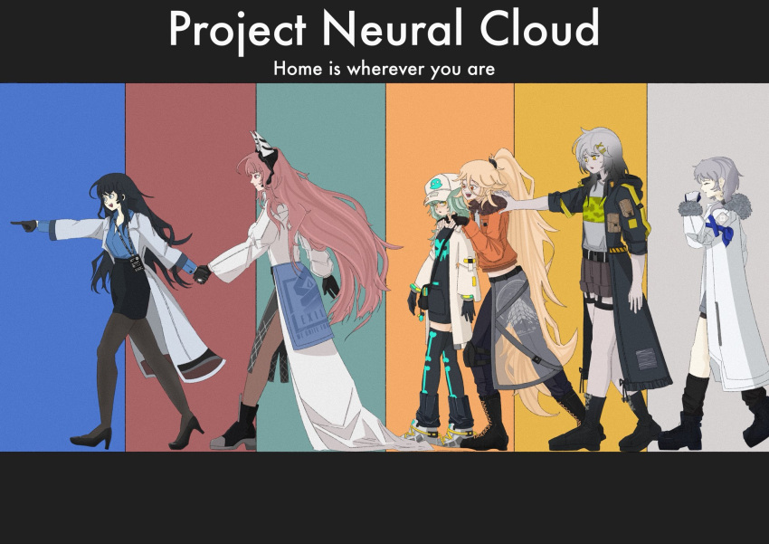 1boy, 5girls, animal_ears, antonina_(neural_cloud), blonde_hair, brown_hair, cat_ears, cat_girl
