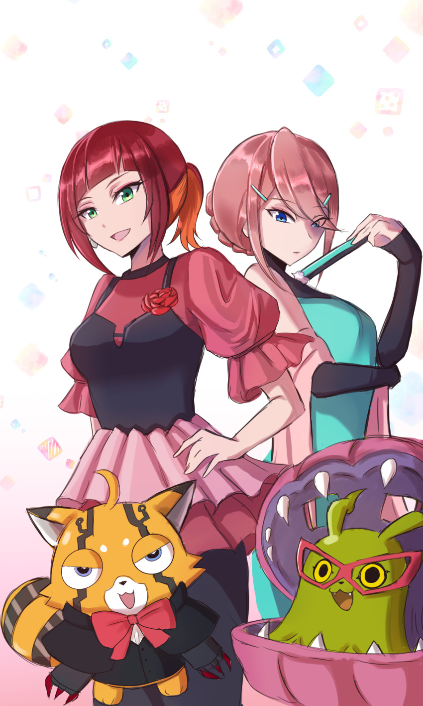 2girls, :3, absurdres, alternate_costume, alternate_hairstyle, aqua_dress, black_bustier, black_dress, blue_eyes, bow, bowtie, bustier, chibikemo, clam, closed_mouth, commentary, digimon, digimon_(creature), digimon_beatbreak, domino_mask, doodledigi, dress, earrings, eye_mask, fangs, flower, folding_fan, green_eyes, hair_ornament, hair_over_one_eye, hairclip, hand_fan, highres, holding, holding_fan, jewelry, kanuma_hotaruko, long_sleeves, mask, multicolored_hair, multiple_girls, official_alternate_costume, official_alternate_hairstyle, open_mouth, pink_hair, pink_shawl, pink_skirt, ponytail, pristimon, puffy_short_sleeves, puffy_sleeves, red_bow, red_bowtie, red_flower, red_hair, red_skirt, sakuya_reina, see-through_hair, shakomon, shawl, shell, short_hair, short_ponytail, short_sleeves, single_earring, skirt, sleeves_past_wrists, stuffed_raccoon, stuffed_toy, two-tone_hair, two-tone_skirt, untranslatable_commentary, yellow_eyes