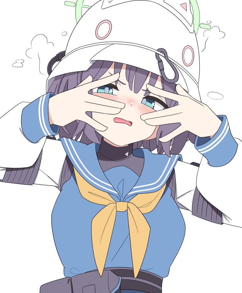 1girl, absurdres, blue_archive, blue_eyes, blue_sailor_collar, blue_shirt, blush, bucket_hat, commentary_request, fukunao, hat, highres, long_sleeves, looking_at_viewer, neckerchief, parted_lips, peeking_through_fingers, purple_hair, sailor_collar, saki_(blue_archive), shirt, simple_background, solo, upper_body, v-shaped_eyebrows, white_background, white_hat, white_sleeves, yellow_neckerchief