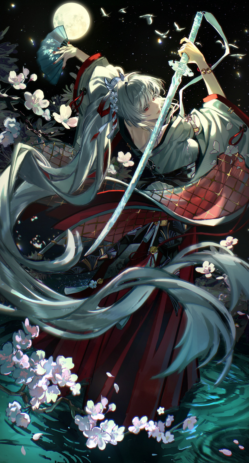 1girl, absurdres, arms_up, breasts, chinese_commentary, closed_mouth, commentary_request, full_moon