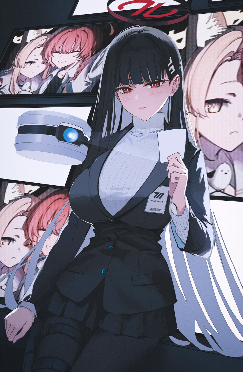 3girls, absurdres, animal_ear_fluff, animal_ears, arm_around_shoulder, black_jacket, black_pantyhose, black_shirt