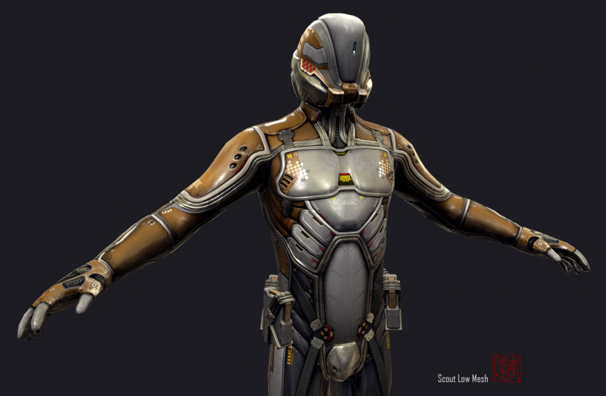 3d, bodysuit, brown_bodysuit, commentary, cowboy_shot, dark_background, dust_514, english_commentary