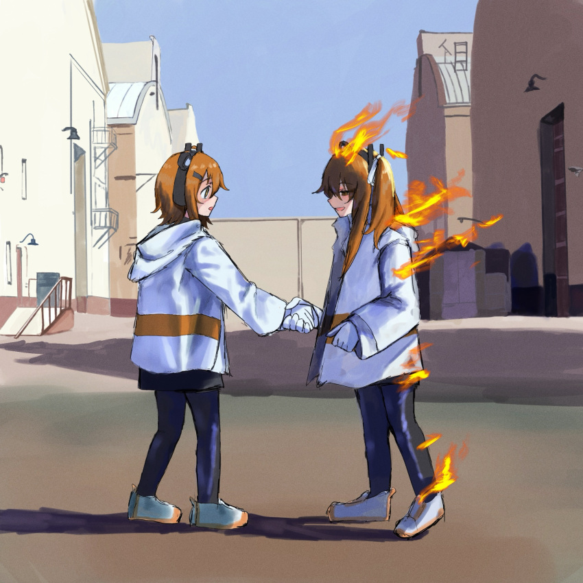 2girls, a.i._voice, adachi_rei, album_cover_redraw, alternate_hairstyle, black_pantyhose, blue_sky, burning, clone, coat, derivative_work, highres, hood, hooded_coat, long_hair, medium_hair, multiple_girls, open_clothes, open_coat, orange_eyes, orange_hair, oru_(knktoru), outdoors, pantyhose, pink_floyd, shoes, sky, utau, white_coat, white_shoes, wish_you_were_here