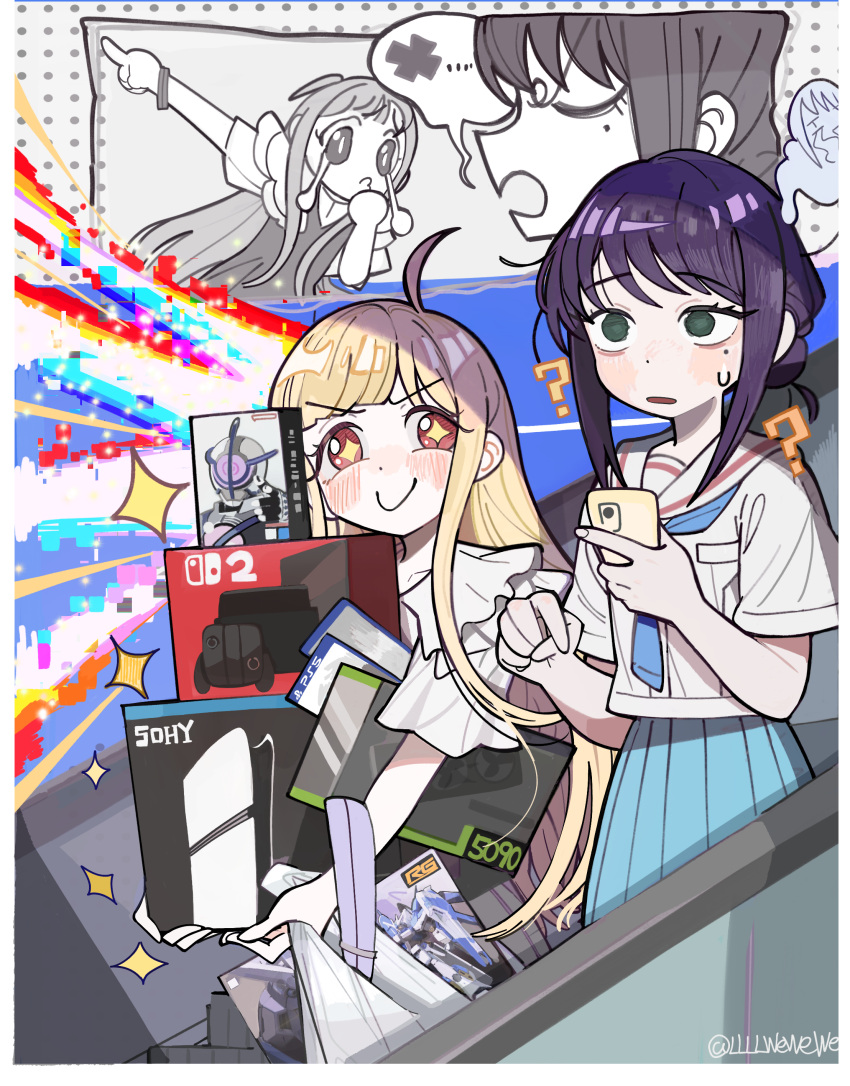 2girls, ?, absurdres, bag, blush, box, bracelet, brand_name_imitation