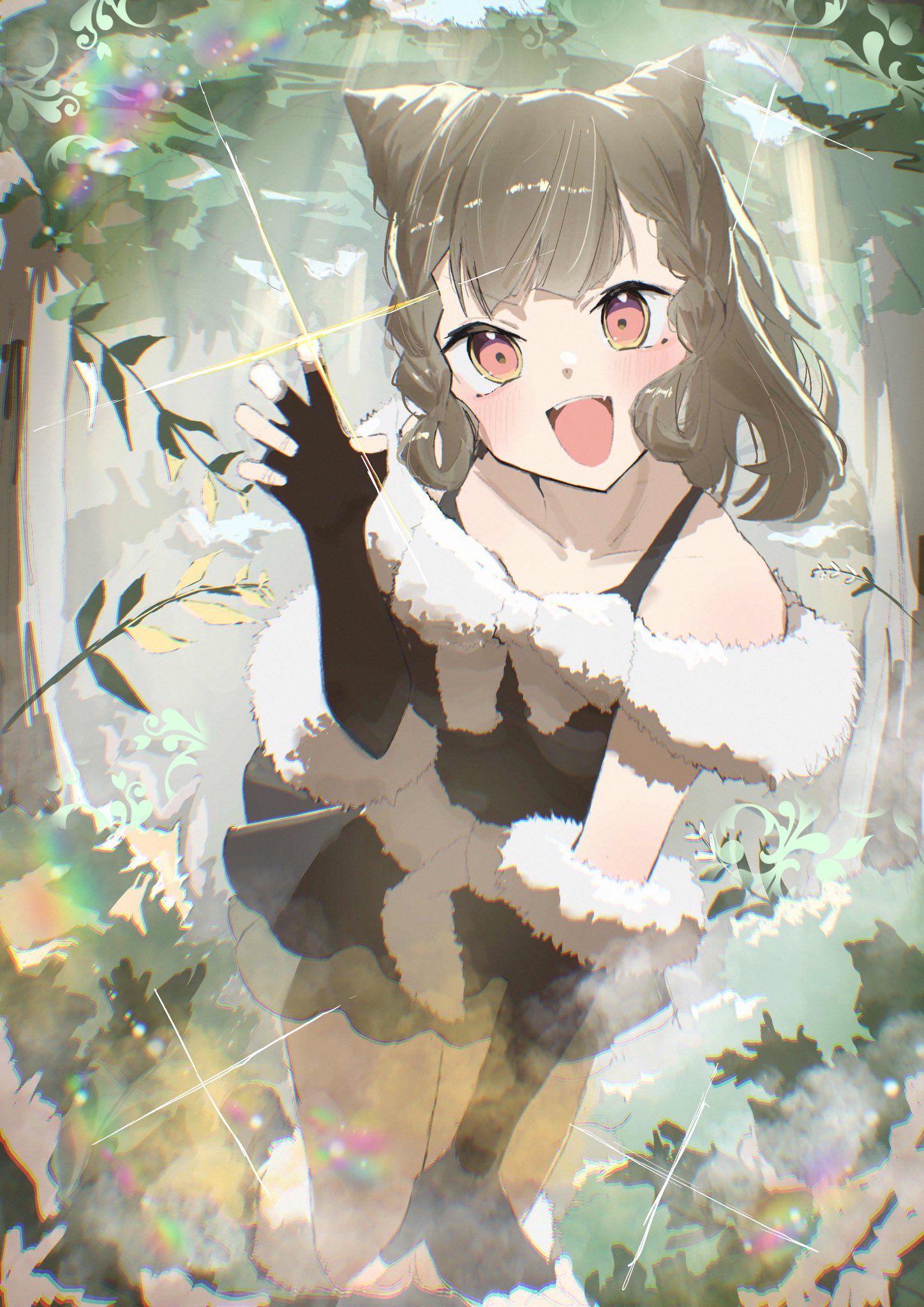 1girl, bare_shoulders, black_gloves, black_shirt, claw_pose, collarbone, commentary, cone_hair_bun, diffraction_spikes, double_bun, elbow_gloves, fang, fingerless_gloves, forest, full_body, gloves, hair_bun, highres, kachimachi_kosuzu, kneeling, link!_like!_love_live!, long_hair, looking_at_viewer, love_live!, nature, open_mouth, orange_eyes, outdoors, reboot_(love_live!), shirt, single_claw_pose, sleeveless, sleeveless_shirt, solo, zen66574227