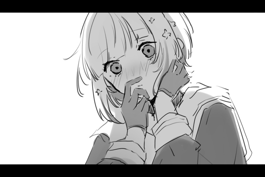 1girl, blush, bob_cut, commentary, dress, gloves, greyscale, hair_ornament, half_gloves, hand_on_own_neck, hasu_no_sora_school_uniform, highres, inverted_bob, link!_like!_love_live!, love_live!, monochrome, nose_blush, parted_lips, roku_aya_fuyu, sailor_collar, sailor_dress, school_uniform, short_hair, simple_background, solo, star_(symbol), star_hair_ornament, upper_body, virtual_youtuber, white_background, wide-eyed, winter_uniform, yugiri_tsuzuri