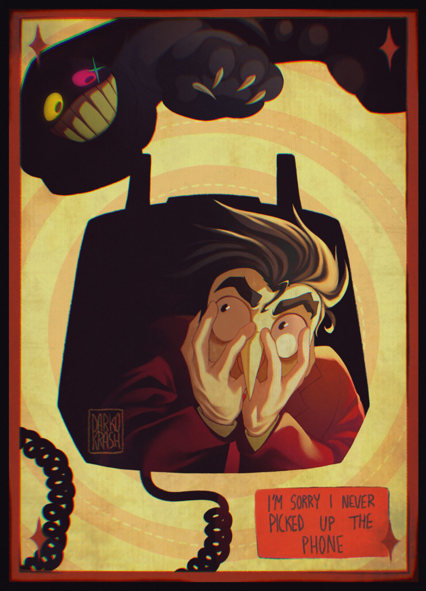 1boy, 1other, artist_logo, artist_name, bags_under_eyes, black_border, black_eyes, black_hair, border, card_(medium), cat, chromatic_aberration, claws, colored_sclera, colored_skin, commentary, concentric_circles, corded_phone, covered_mouth, covering_own_mouth, darkokrash, deltarune, dotted_line, double_exposure, english_commentary, english_text, film_grain, friend_(deltarune), glint, gloves, grid_teeth, grin, hair_slicked_back, hands_on_own_face, hands_up, highres, jacket, logo, long_nose, long_sleeves, looking_at_another, looking_to_the_side, looking_up, loose_hair_strand, lyrics, mismatched_irises, no_ears, no_pupils, phone, pink_sclera, pointy_nose, red_jacket, short_hair, sideways_glance, silhouette, smile, spamton_g._spamton, spamton_g._spamton_(big_shot), sparkle, spoilers, thick_eyebrows, utdr_(toby_fox), white_gloves, white_skin, wide-eyed, yellow_background, yellow_sclera