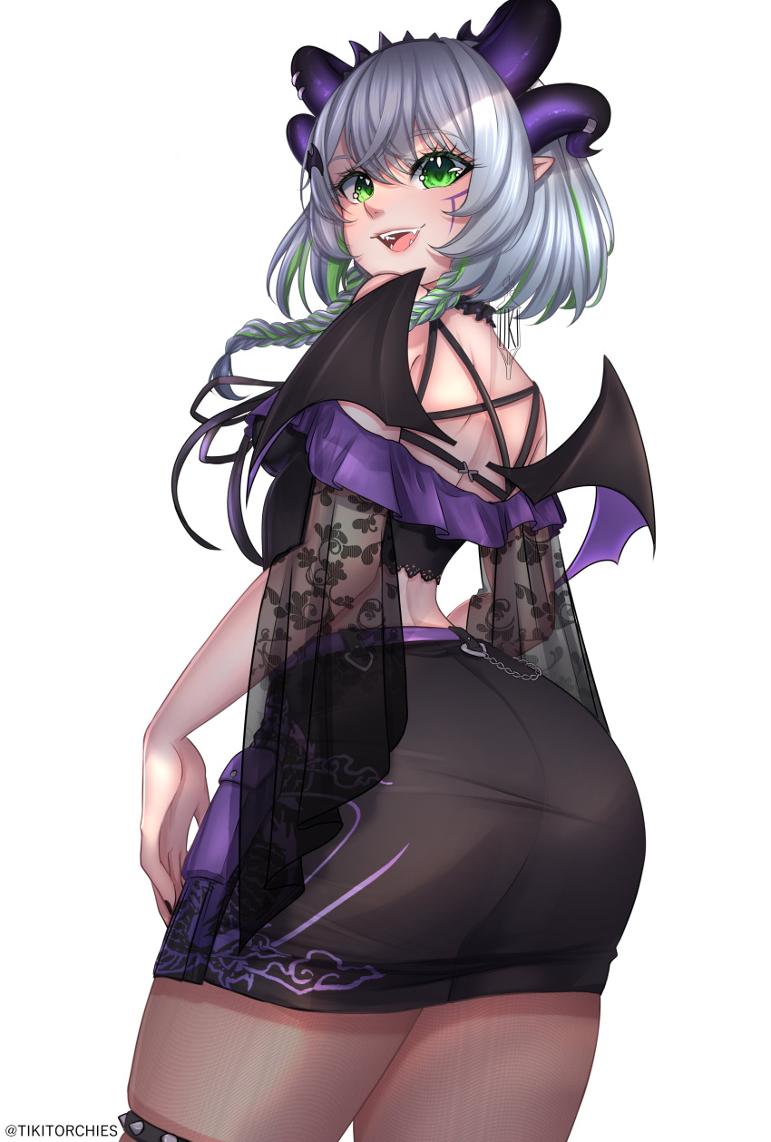 1girl, absurdres, apricot_the_lich, apricot_the_lich_(froot_2.0), ass, back, black_nails, braid, breasts, choker, commentary, demon_girl, demon_horns, demon_wings, english_commentary, facial_mark, fangs, frilled_choker, frills, green_eyes, green_hair, hairband, highres, horn_piercing, horns, looking_at_viewer, looking_back, medium_breasts, multicolored_hair, multiple_horns, open_mouth, pantyhose, pointy_ears, purple_horns, short_hair, skirt, smile, spiked_hairband, spiked_thigh_strap, spikes, streaked_hair, thighs, tikitorchies, twin_braids, virtual_youtuber, vshojo, white_background, wings