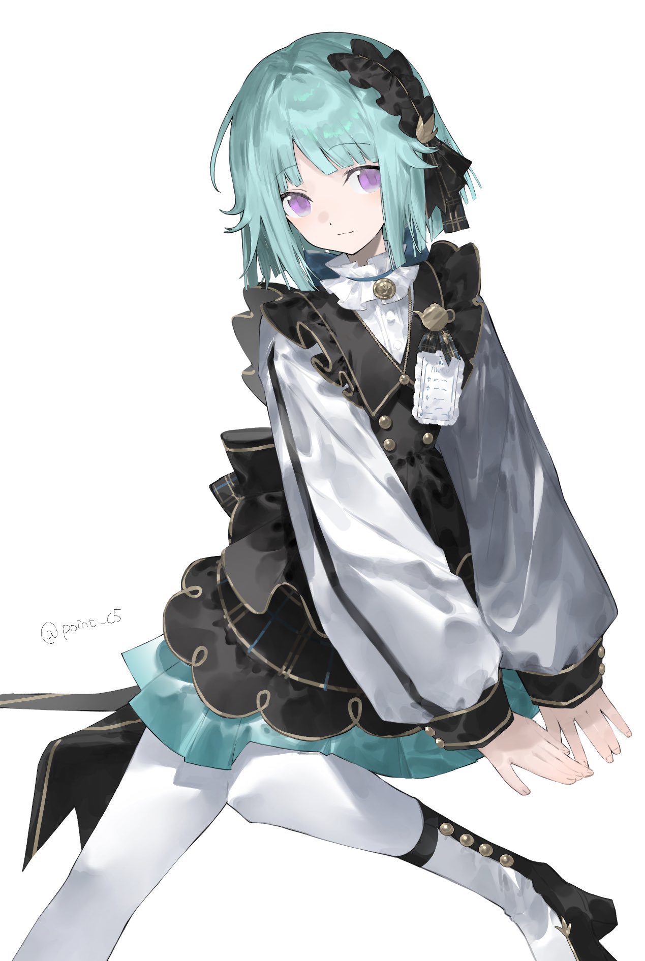 1girl, apron, black_apron, black_shoes, blue_hair, buttons, closed_mouth, detached_collar