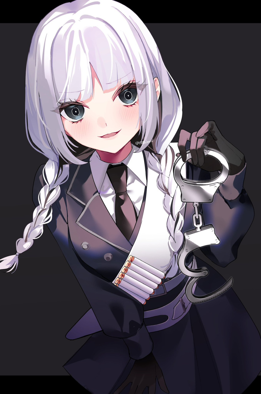 1388chan, 1girl, black_eyes, black_gloves, braid, collared_shirt, commentary_request, cuffs
