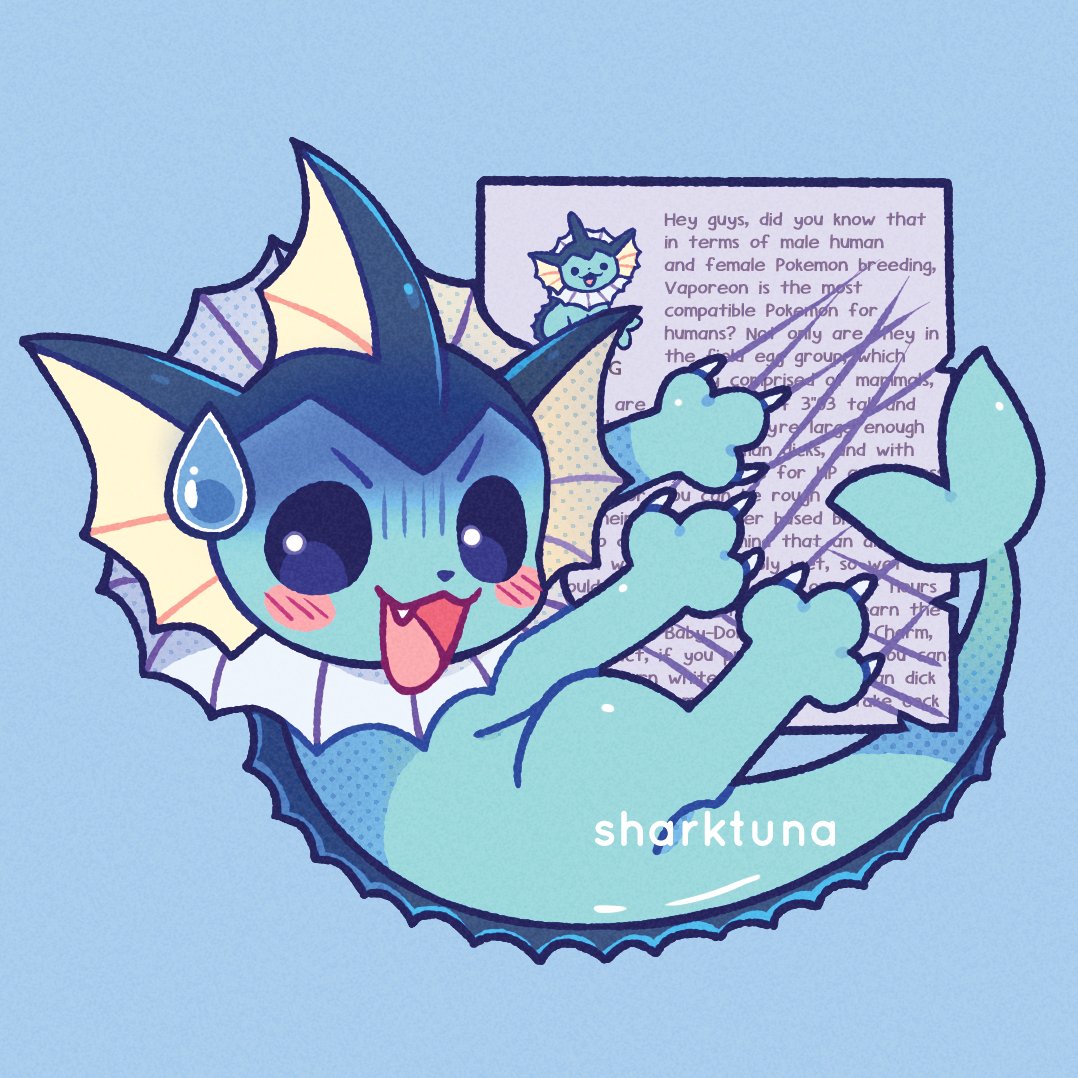 blue_background, blue_eyes, blush, claws, commentary, english_commentary, english_text, fang