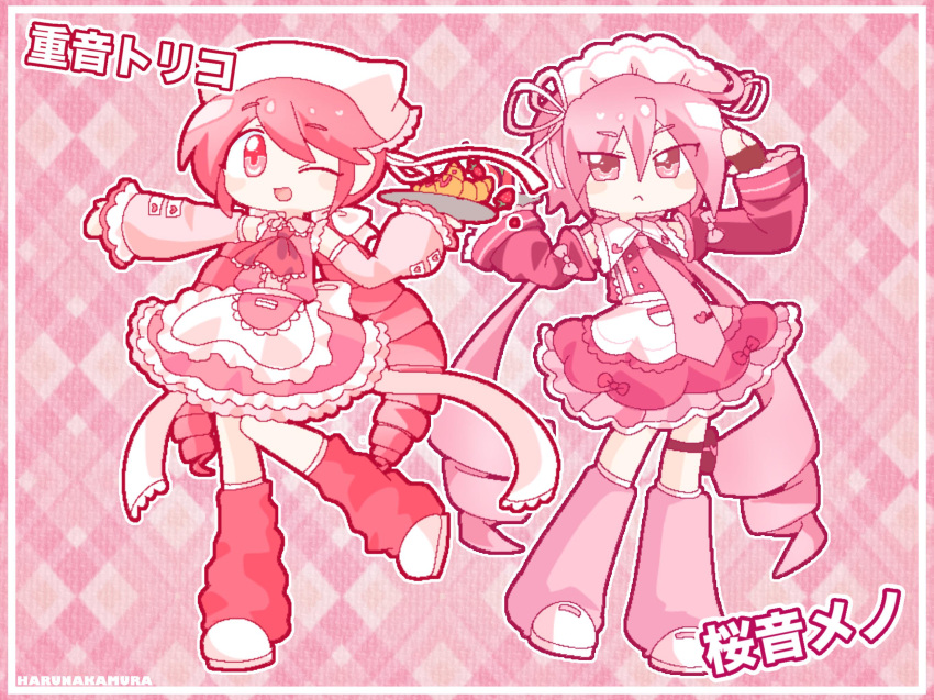 2girls, :<, :d, alternate_costume, apron, argyle_background, drill_hair, harunakamura