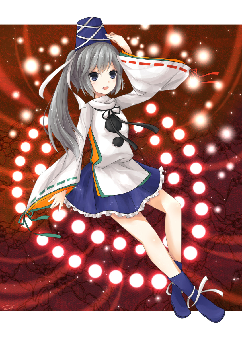 danmaku, grey_hair, hat, highres, japanese_clothes, mononobe_no_futo, ponytail, silver_hair