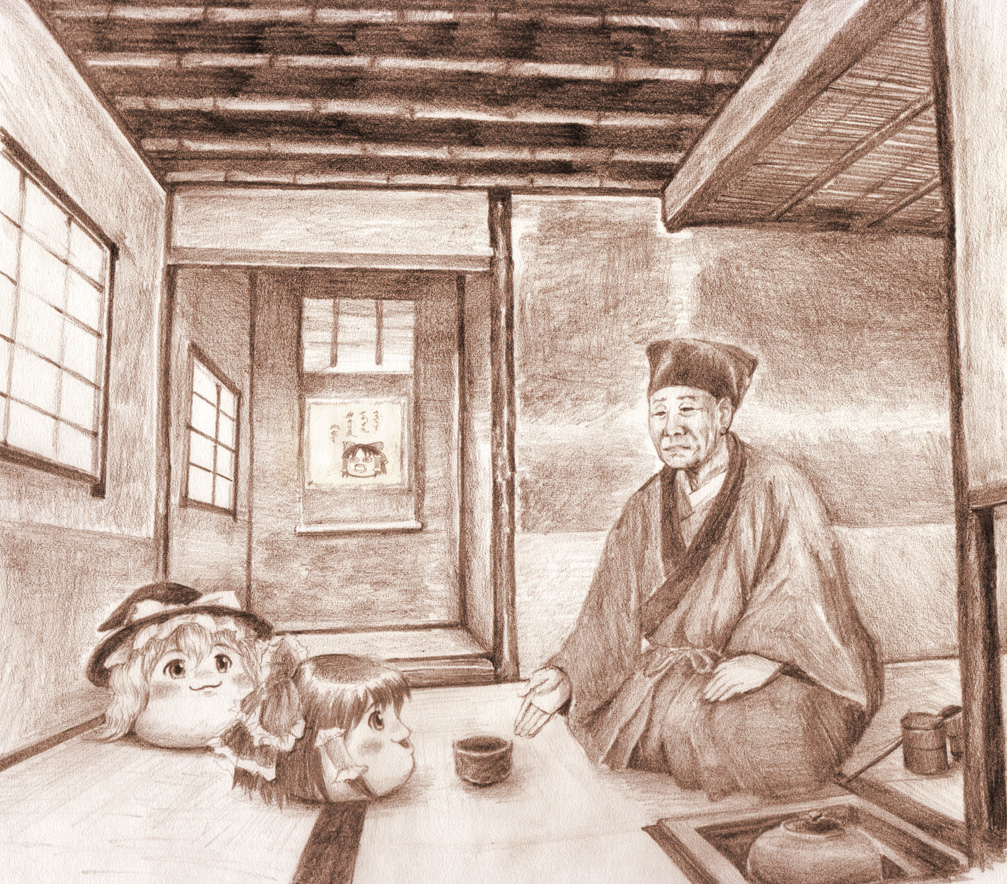 bow, cup, hair_bow, hair_tubes, hakama, hakurei_reimu, indoors, japanese_clothes, kimono, kirisame_marisa, monochrome, murasaki-no, pink, seiza, sen_no_rikyuu, sitting, tatami, teacup, touhou, traditional_media, yukkuri_shiteitte_ne