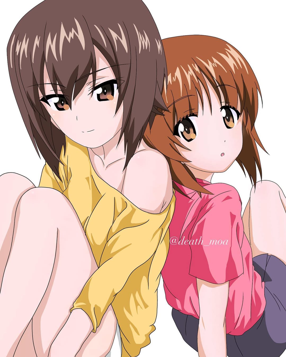 2girls, back-to-back, brown_eyes, brown_hair, commentary_request, death_moa, girls_und_panzer, highres