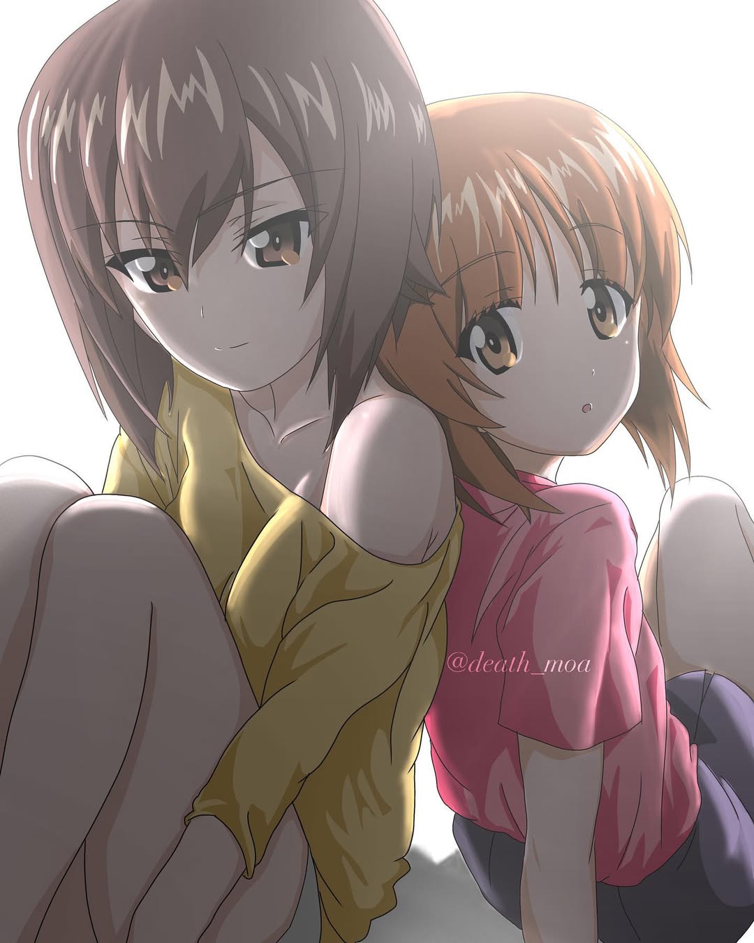 2girls, back-to-back, brown_eyes, brown_hair, commentary_request, death_moa, girls_und_panzer, highres, hugging_own_legs, instagram_username, legs_together, looking_at_viewer, multiple_girls, nishizumi_maho, nishizumi_miho, open_mouth, pink_shirt, shadow, shirt, short_hair, short_sleeves, simple_background, single_bare_shoulder, sitting, smile, white_background, yellow_shirt