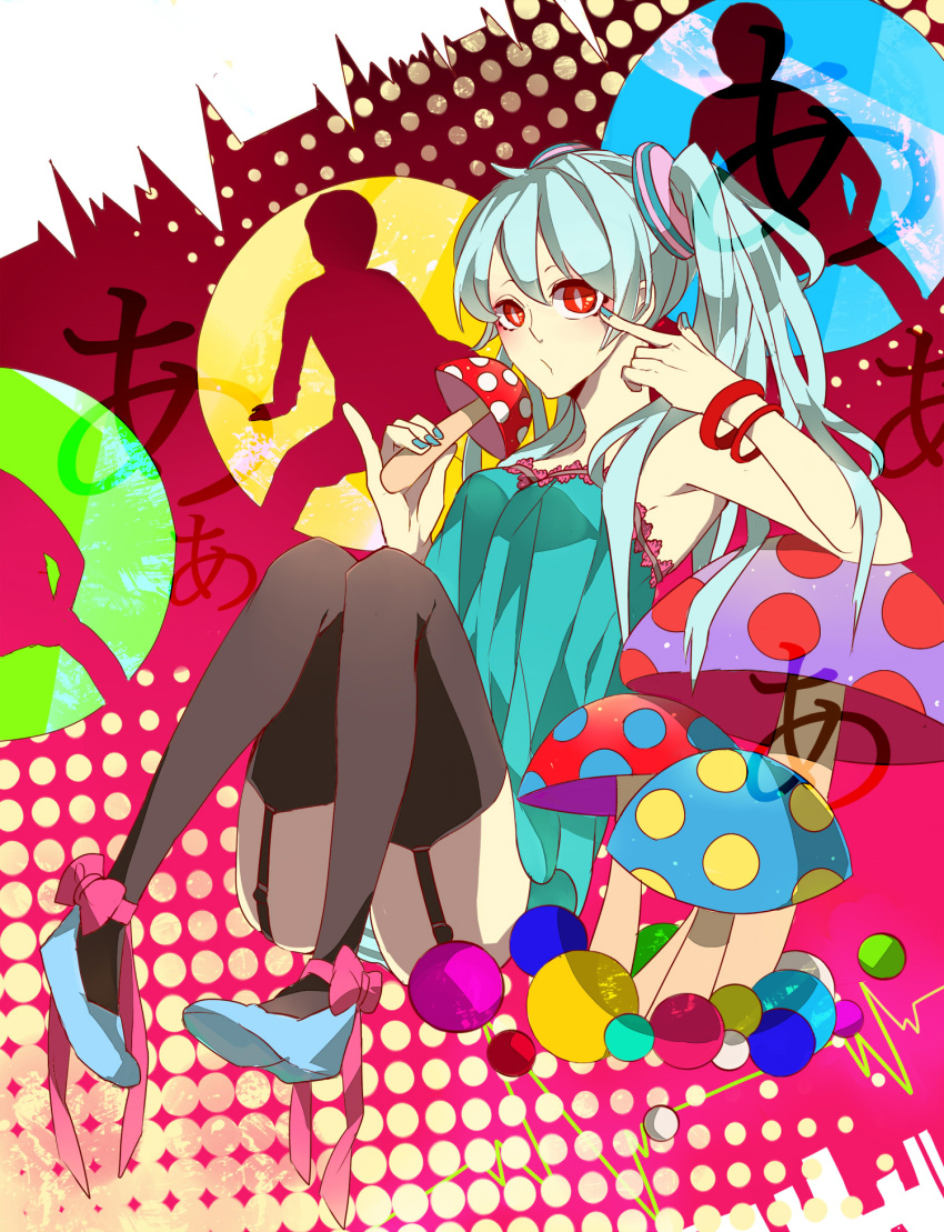 aqua_hair, bracelet, colorful, finger_to_face, frutiger_metro, garter_straps, halftone, halftone_background