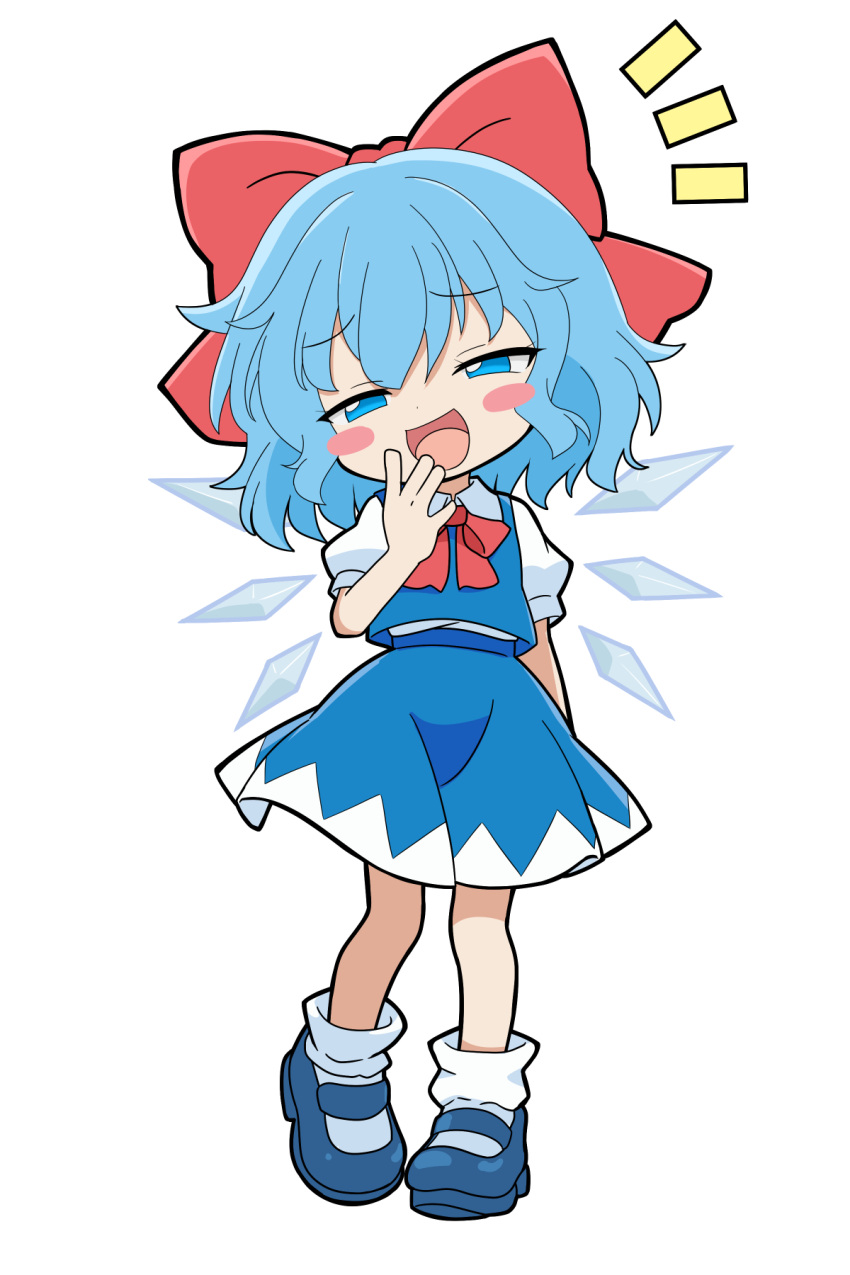 +++, 1girl, blue_eyes, blue_hair, blue_shoes, blush_stickers, bow, bowtie, cato_(monocatienus), chibi, chibi_only, cirno, collared_shirt, commentary_request, detached_wings, full_body, hair_bow, highres, ice, ice_wings, looking_at_viewer, mary_janes, mesugaki_pose, notice_lines, open_mouth, puffy_short_sleeves, puffy_sleeves, red_bow, red_bowtie, shirt, shoes, short_sleeves, simple_background, smile, socks, solo, touhou, white_background, white_shirt, white_socks, wings