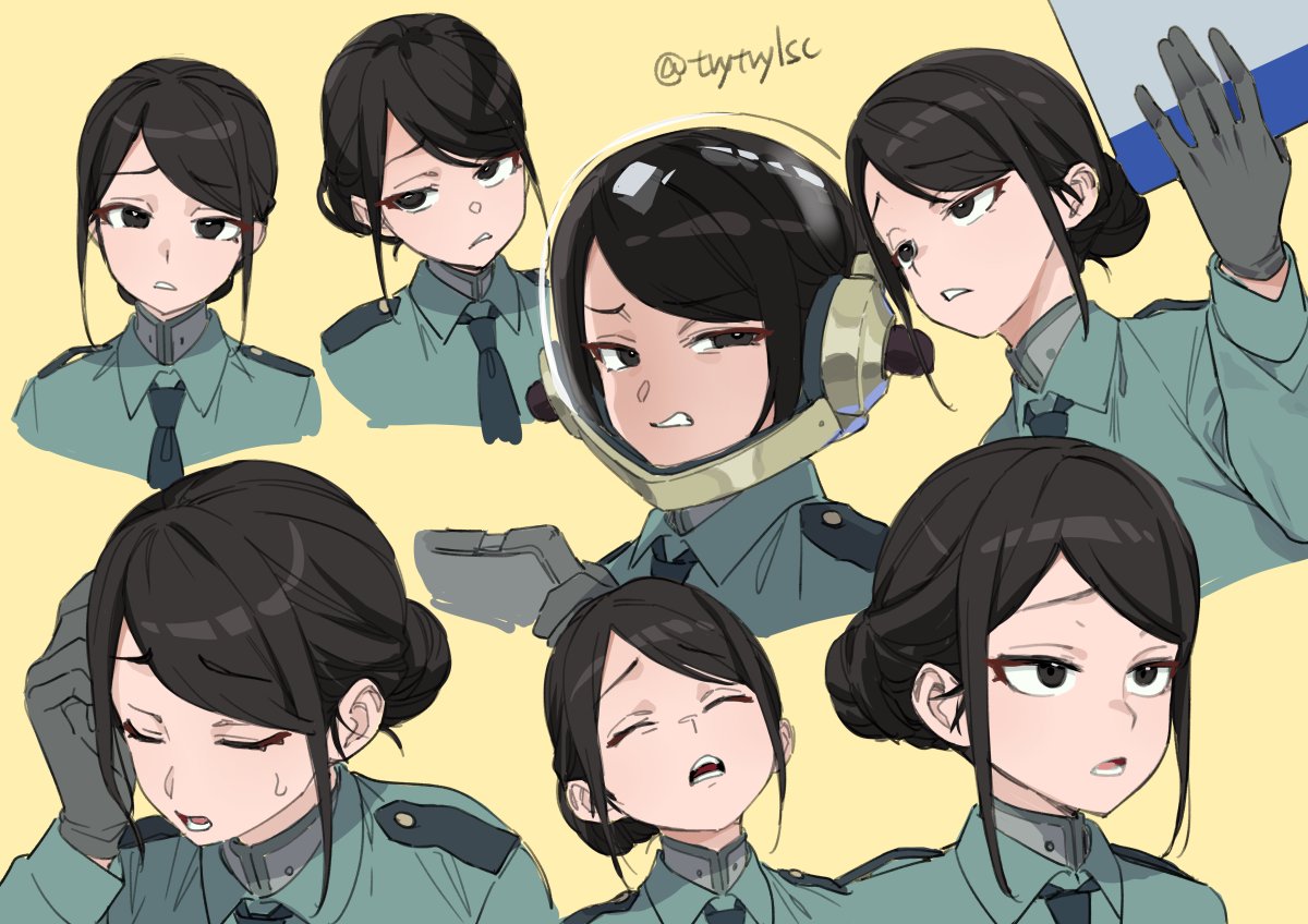 1girl, annoyed, black_eyes, black_hair, closed_eyes, collared_shirt, commentary_request, epaulettes