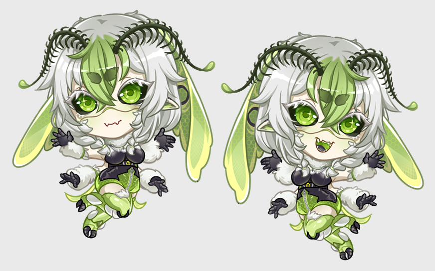 1girl, arthropod_girl, black_bodysuit, bodysuit, chibi, closed_mouth, extra_arms, fang, green_eyes, indie_virtual_youtuber, insect_wings, juniper_actias, looking_at_viewer, moth_girl, moth_wings, open_mouth, pointy_ears, skin_fang, solo, uguubear, virtual_youtuber, wings