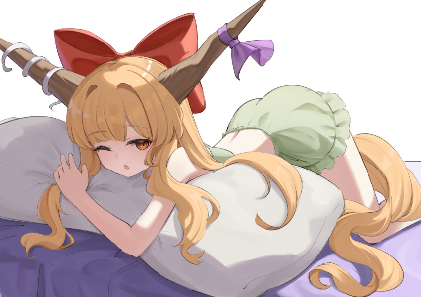 1girl, alternate_costume, bed, blonde_hair, bloomers, bow, commentary_request, green_bloomers