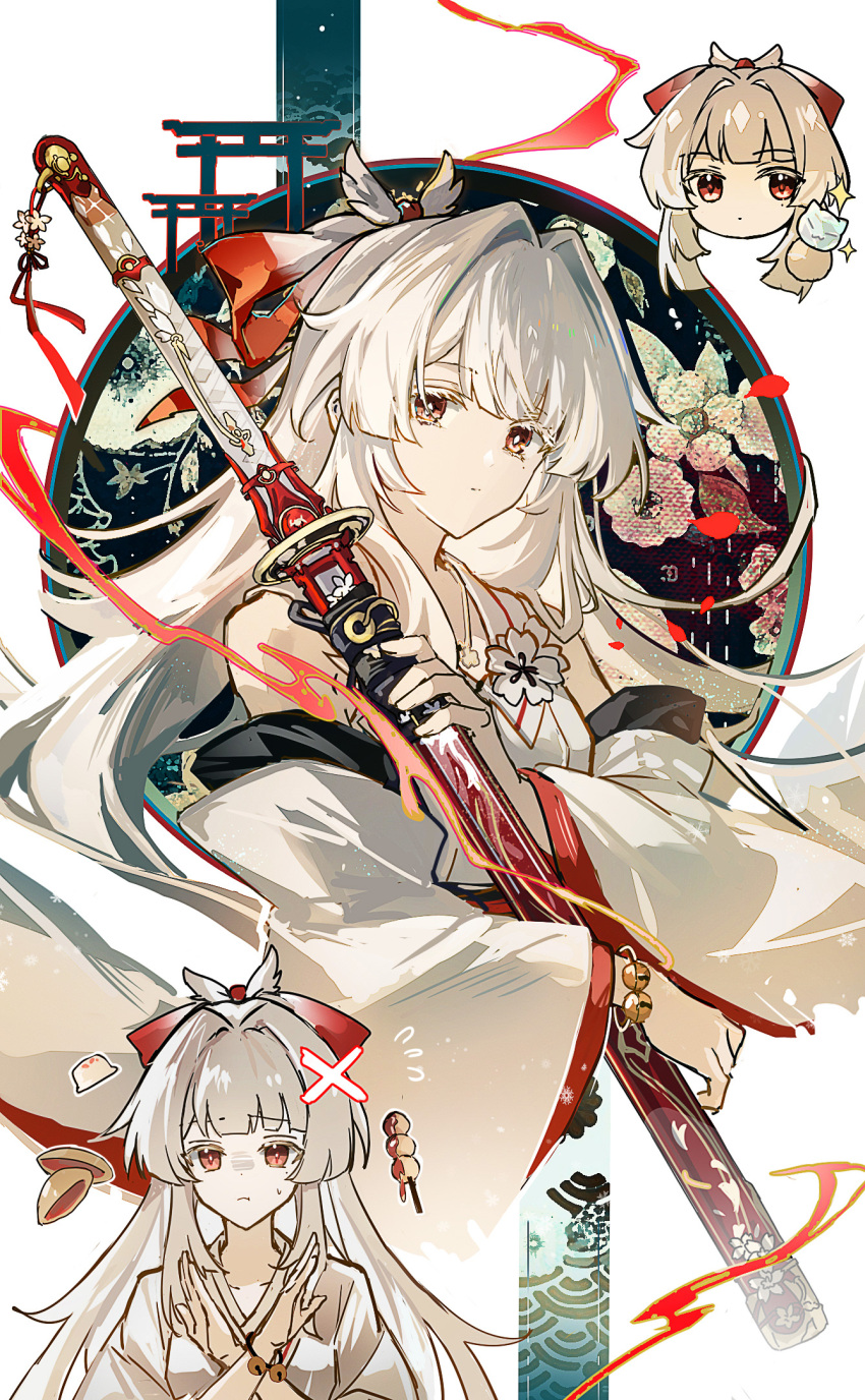 1girl, akiko54124, bare_shoulders, closed_mouth, colored_eyelashes, high_ponytail, highres, hiyuki_(wuthering_waves), holding, holding_sword, holding_weapon, japanese_clothes, jewelry, katana, kimono, long_hair, long_sidelocks, looking_at_viewer, necklace, ponytail, red_eyes, red_ribbon, ribbon, sidelocks, solo, sword, weapon, white_eyelashes, white_hair, white_kimono, wuthering_waves