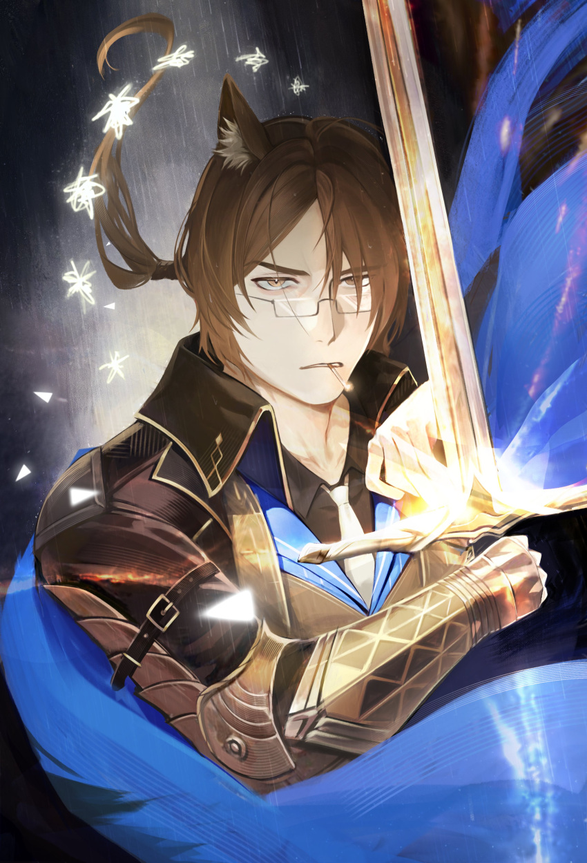 1boy, absurdres, animal_ear_fluff, animal_ears, arknights, black_shirt, blue_cape, brown_eyes