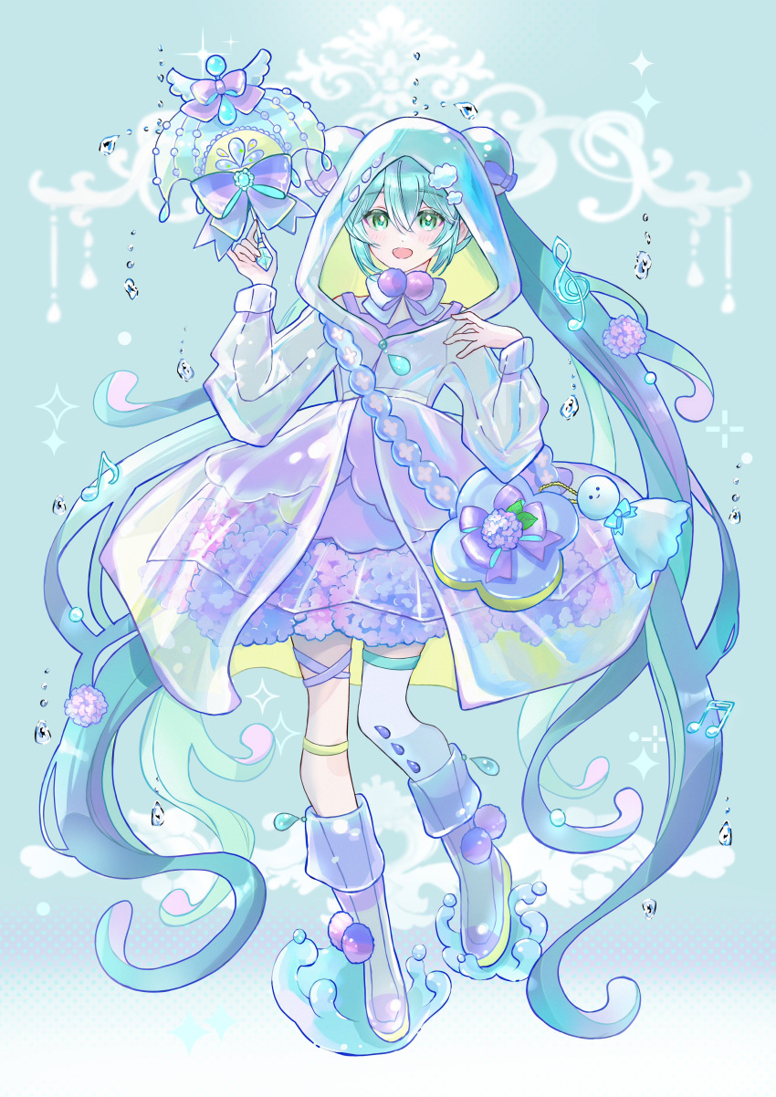 1girl, absurdly_long_hair, absurdres, aqua_background, aqua_hair, bag, bag_charm, beamed_sixteenth_notes