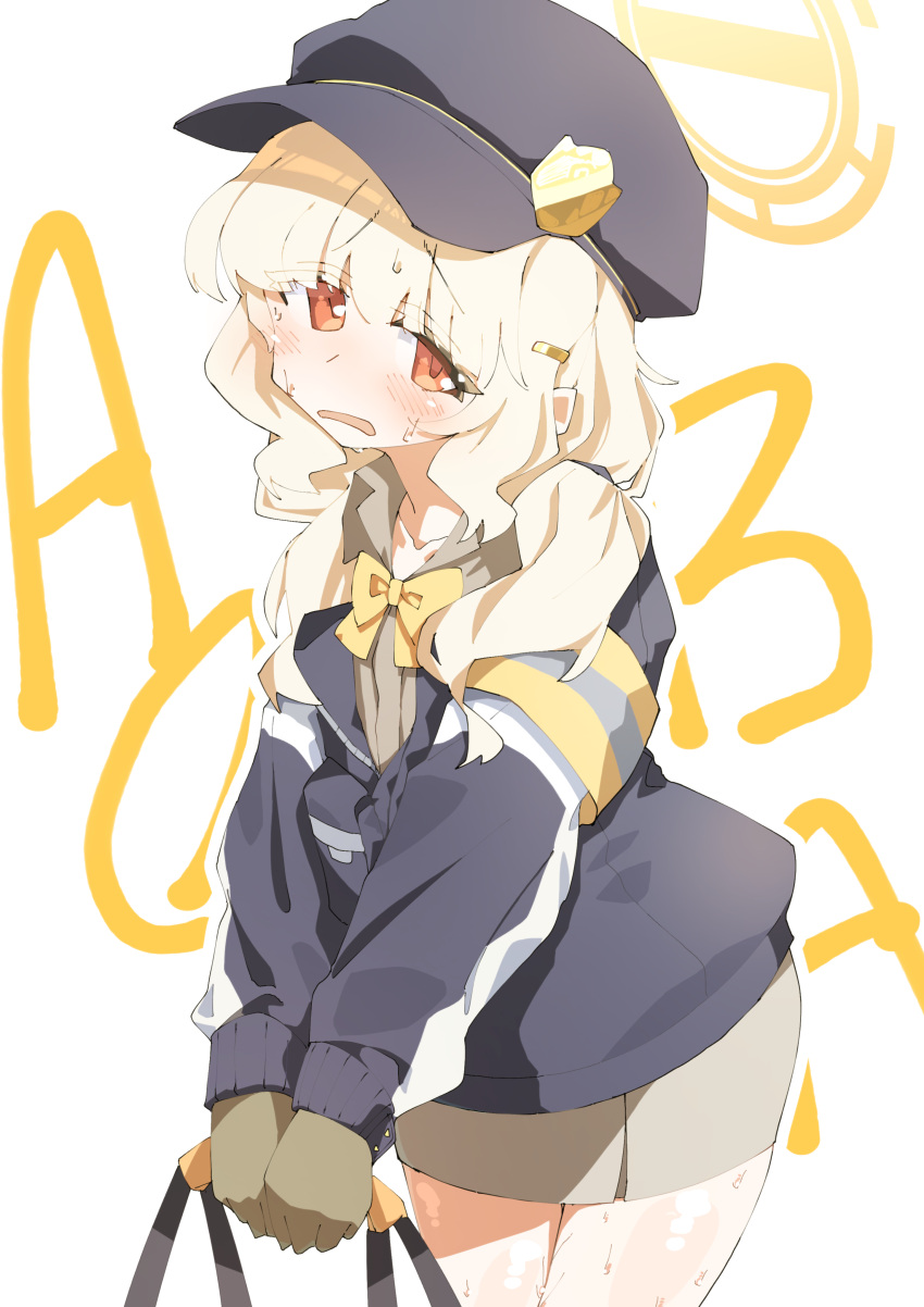 1girl, absurdres, aoba_(blue_archive), armband, bag, black_hat, black_jacket, blonde_hair