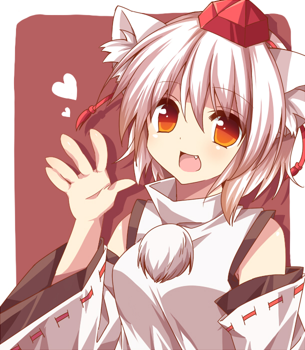 animal_ears, brown_eyes, bust, detached_sleeves, fang, hat, heart, horon
