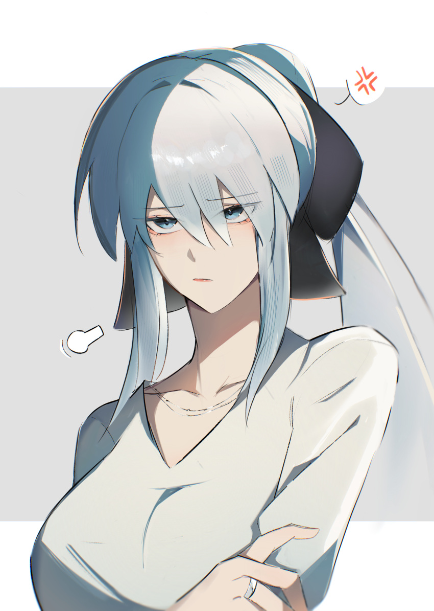 1girl, absurdres, angry, black_bow, blue_eyes, blush, bow, braid, breasts, closed_mouth, commentary, english_commentary, fate/grand_order, fate_(series), grey_hair, hair_between_eyes, hair_bow, half_up_braid, highres, jewelry, large_breasts, long_hair, looking_at_viewer, morgan_le_fay_(fate), ponytail, ring, shirt, shoyumagi, sidelocks, simple_background, solo, upper_body, very_long_hair, white_hair, white_shirt